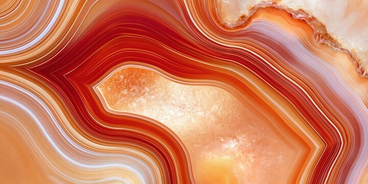 Polished agate cross section with concentric orange and red bands