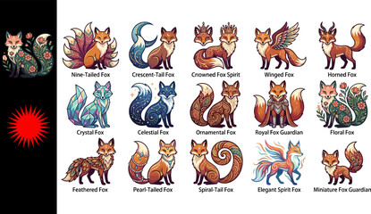 Fototapeta premium Collection of fifteen fantasy foxes featuring Nine-Tailed Crescent-Tail Crowned Winged Horned Crystal Celestial Ornamental Floral Feathered Pearl Spiral Elegant Miniature