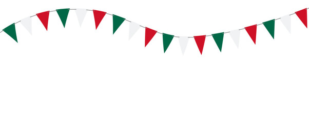 Obraz premium Mexican color pennant garland with green, white and red triangle flags, isolated for fiesta invitations, banners, posters and celebration design.