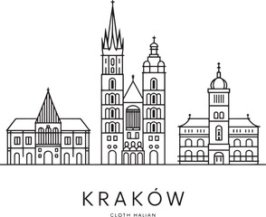 Fototapeta premium Minimalist hand drawn sketch of krakow city skyline featuring iconic historical architecture and famous landmark buildings in poland
