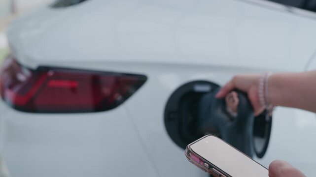 4K Slow motion close up of woman plugging charging cable into white electric vehicle while holding smartphone.