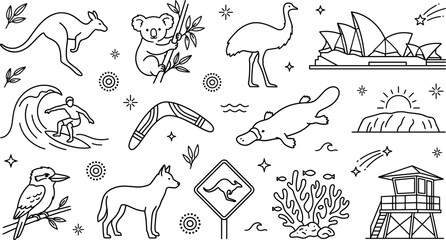Fototapeta premium Australia travel landmarks and wildlife outline vector icons set with kangaroo koala emu platypus opera house and boomerang