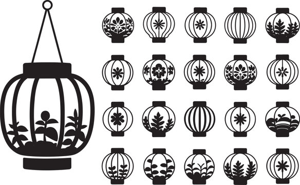 Assortment of chinese paper lanterns decorated with floral motifs and intricate patterns for festive occasions.