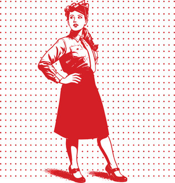 Empowered Vintage Woman in 1940s Military Style Uniform Pop Art Vector Illustration - Retro Red and White Rosie the Riveter Inspired Design with Halftone Dot Background Pattern