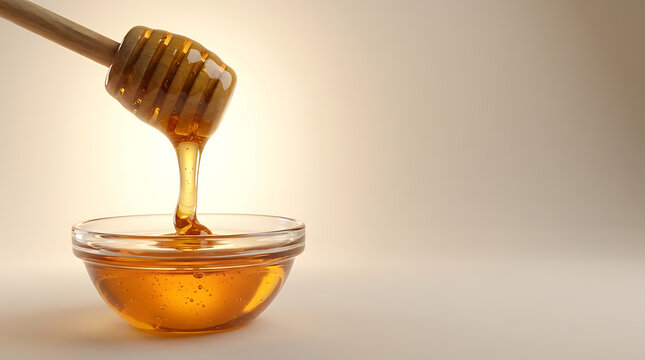 Golden honey dripping from a wooden dipper into a glass bowl on a neutral background