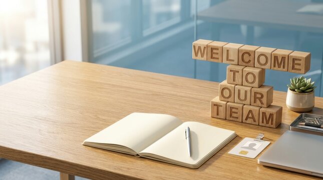 Welcome to our team wooden blocks on office desk with notebook and id card for new employee onboarding.