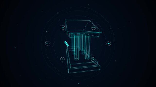 Digital banking concept: 3 d wireframe bank building with financial and hud interface finance technology