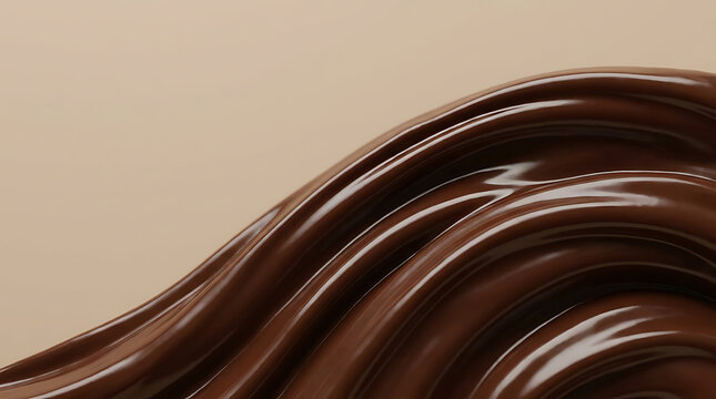 Melted dark chocolate swirl flowing on a smooth beige background