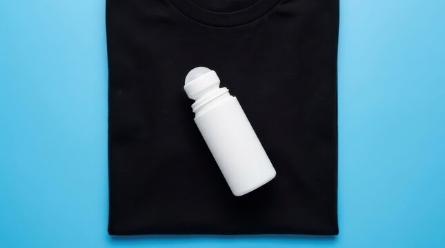 Rollon deodorant bottle placed on a black tshirt against a vibrant blue background