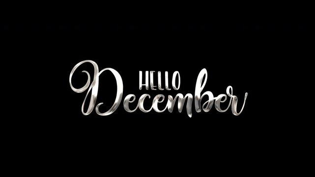 Shiny silver december cursive calligraphy text on black background suitable for holiday designs, greeting cards, and social media posts.