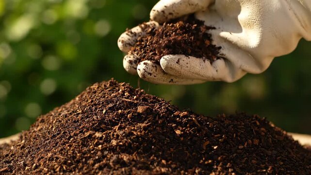 Close-up of wearing gloves to touch a pile of Chinese medicinal herbs while holding soil