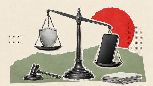 Scales of justice weighing a shield against a smartphone beside a gavel and a stack of papers. Online safety versus platform freedom