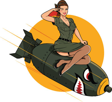 Vintage Pinup Girl Military Style Illustration Sitting on a Shark Mouth Bomb and Saluting Retro Nose Art Design Vector Graphic for Posters T-shirts and Nostalgic WWII Art Decor