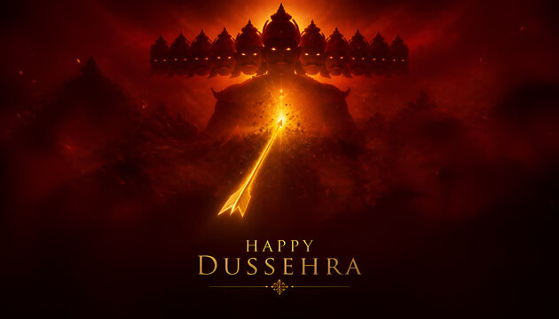 Happy dussehra festival greeting background with ten headed demon effigy and glowing arrow illustration ravana effigy indian festival hindu festival good over evil