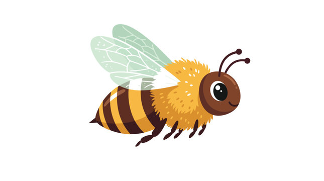 Friendly honey bee vector illustration featuring bright yellow and black stripes with soft fuzzy textures and translucent detailed insect wings