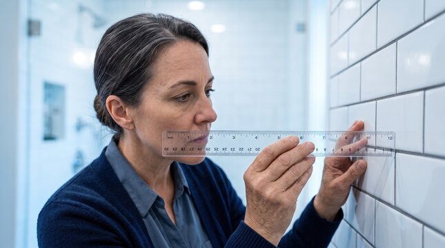 Professional woman measuring white bathroom tiles with a clear ruler