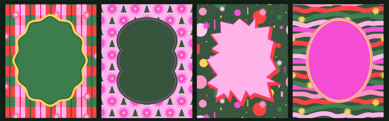 Obraz premium Set of festive holiday backgrounds with geometric frames. Place for text. Bright colorful patterns with Christmas trees, confetti, stripes, stars. New Year card design. 