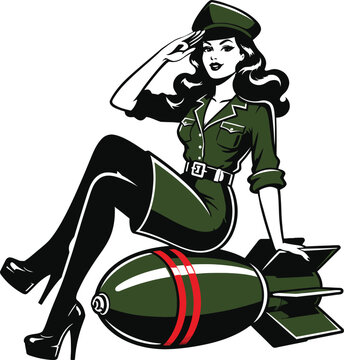 Vintage Military Pin-Up Girl Vector Illustration Sitting on a Bomb and Saluting. Classic 1940s Retro Nose Art Style for Army Graphics, T-shirt Designs, and WWII Inspired Art Decor.