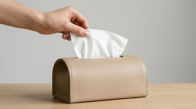 Hand pulling a white tissue from a beige leather tissue box holder on a wooden table