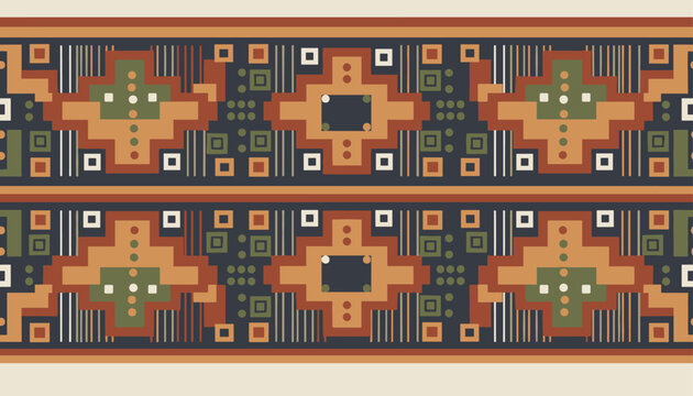 Native Aztec geometric pattern featuring colorful ethnic tribal symbols in orange, green, and navy on cream background.
