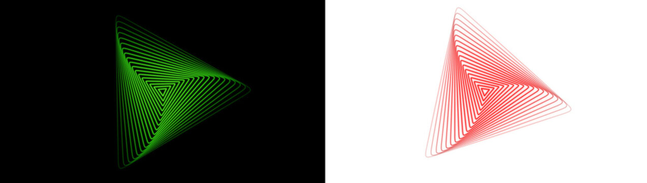 Glowing green and red neon triangle outlines on a transparent background, creating a futuristic abstract digital design.