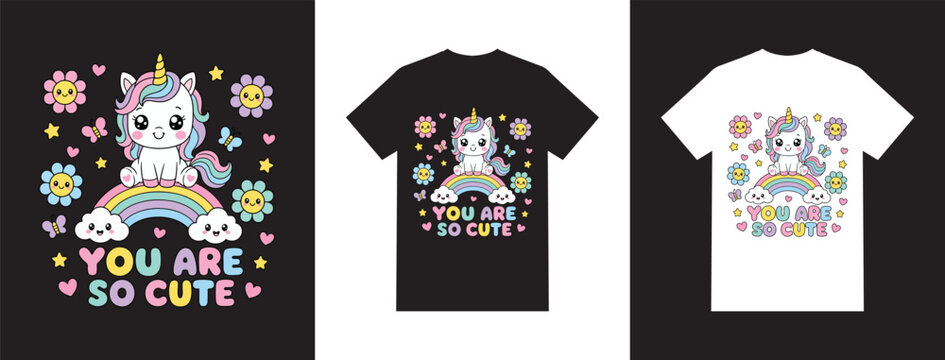 Kawaii unicorn on rainbow cute pastel cartoon you are so cute kids t‑shirt vector illustration