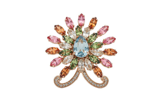 Floral brooch featuring a central pear shaped blue topaz surrounded by multi colored marquise cut gemstones isolated on a transparent background