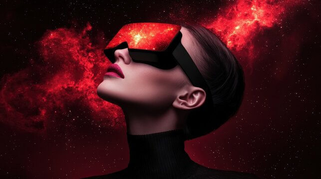 Futuristic Woman with VR Goggles in Cosmic Background, Exploring Infinite Universe Concept
