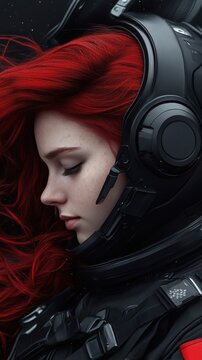 Captivating Portrait of a Space Explorer with Red Hair in Futuristic Helmet Armor