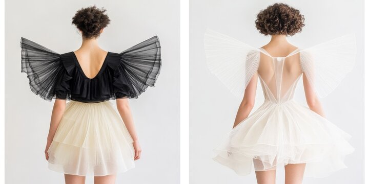 Elegant Fashion Photography Showcase of Black and White Dresses with Unique Ruffled Designs