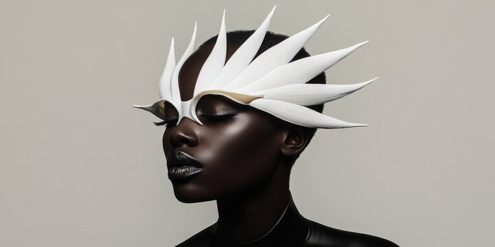 Futuristic Fashion Portrait: Unique Model Adorned with Artistic Headpiece in Ethereal Aesthetic