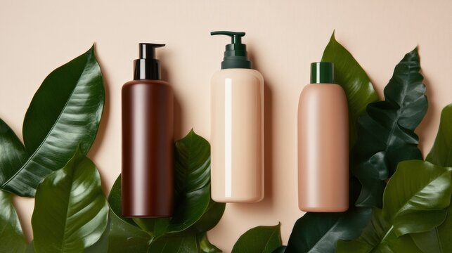 Stylish Arrangement of Skincare Bottles Surrounded by Green Leaves for Natural Aesthetics
