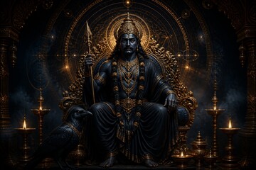 Fototapeta premium Seated dark deity figure holding spear in ornate shrine