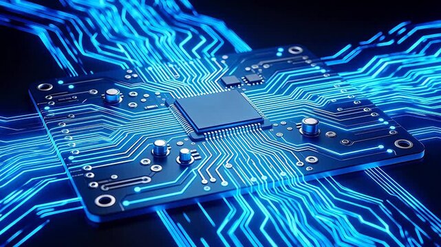 Circuit board with glowing blue lines