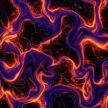2D flat textile print with flowing luminous lava veins, glowing spooky light streams, dark cracked haunted stone background, floating tiny ghost spark particles, abstract Halloween fluid graphic for s