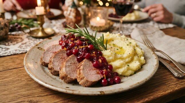 Sliced pork tenderloin served with cranberry sauce and creamy mashed potatoes on a rustic plate at a festive holiday dinner table