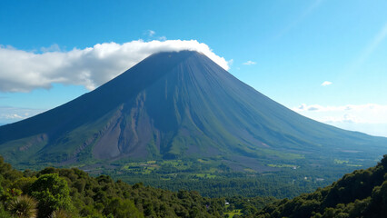 Fototapeta premium Volcano Over Green Valley for Marketing Text