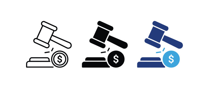 Legal fine and penalty gavel icon, court financial punishment symbol, legal fee and lawsuit judgement sign, judicial monetary sanction graphic. Vector illustration