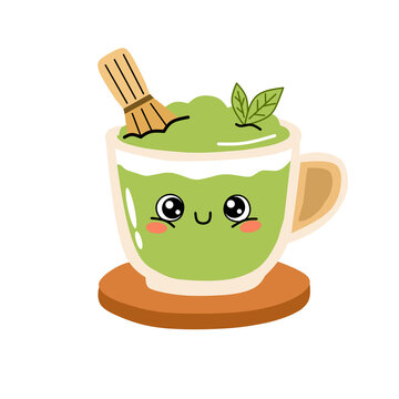 Cute kawaii matcha green tea latte cup character with smiling face, leaves, and bamboo whisk. Adorable cartoon beverage vector illustration.