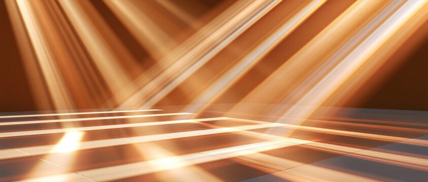 Abstract volumetric light beams passing diagonally across reflective floor