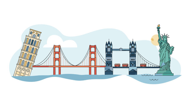 World landmarks vector banner including Pisa tower, Golden Gate bridge, London bridge, and Statue of Liberty.