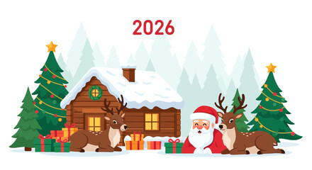 Naklejka premium 2026 Christmas Greeting Featuring Santa Claus with Reindeer and Gifts