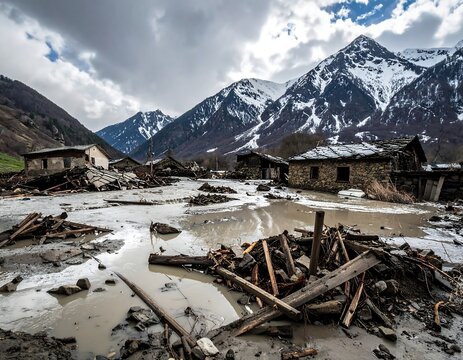 Total Destruction of a Mountain Village After a Massive Flood