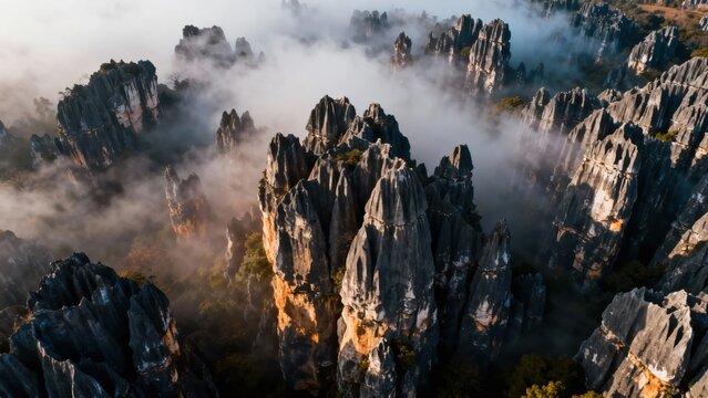 Aerial view of mist-covered limestone karst formations in a mountainous landscape