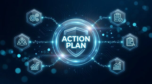 Action plan shield with business icons and circuit board background