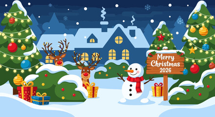 Fototapeta premium Merry Christmas 2026 Festive Scene with Snowman and Reindeer