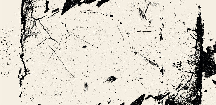 Screen print distress stamp texture with grunge noise, grain, scratches, speckles, rough edges and cracked ink overlay for creating vintage textured backgrounds and graphic effects