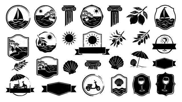 Set of mediterranean style hand drawn vector logos and design elements