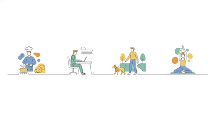 Fototapeta premium Four minimalist lifestyle illustrations depicting cooking, working at a desk, walking a dog, and doing yoga on a white background.