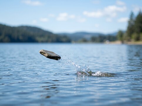 Stone skipping across calm lake water creating ripples on a sunny day.